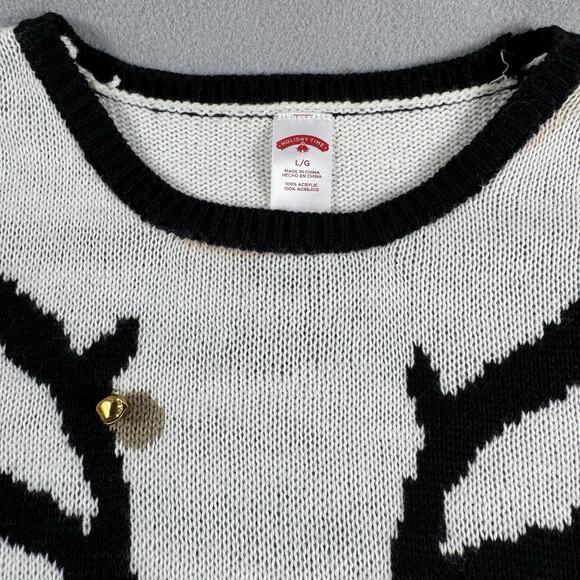 Reindeer Christmas Holiday Ugly Sweater with Jingle Bells Cream Black Size Lg - Picture 6 of 14